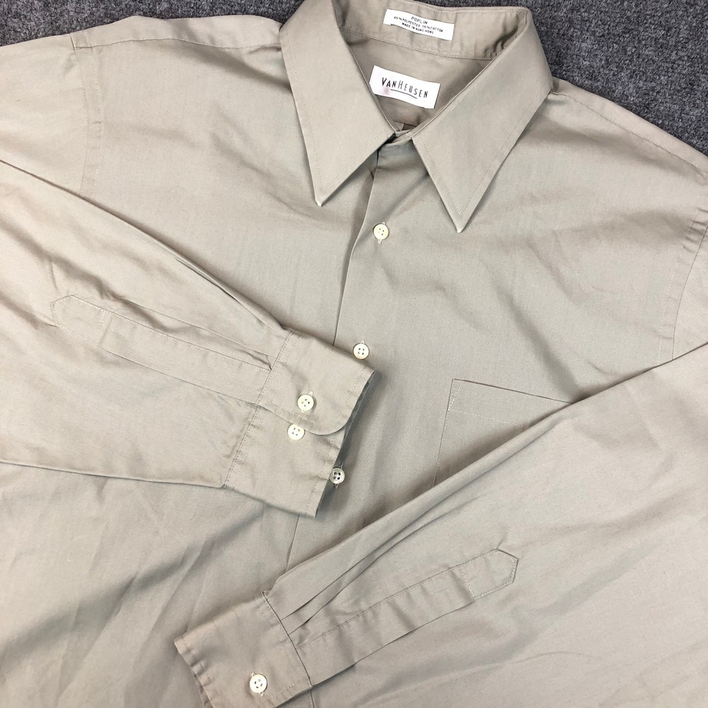 Van Heusen Mens Tan Poplin Long Sleeve Button Down Shirt 17 34/35 Khaki